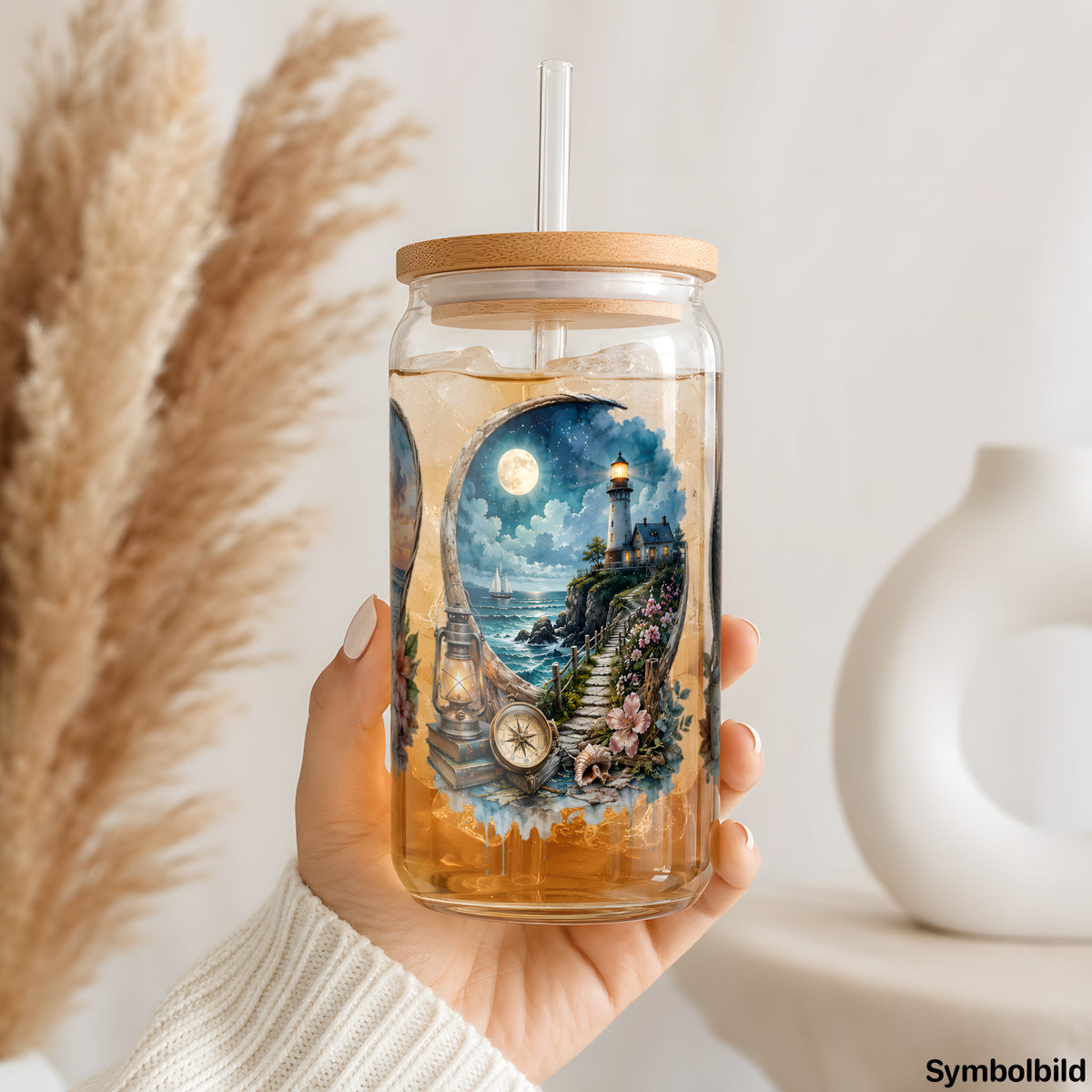Becher-Aufkleber „Drei Urlaubsfenster“ auf einem 16oz Glasbecher