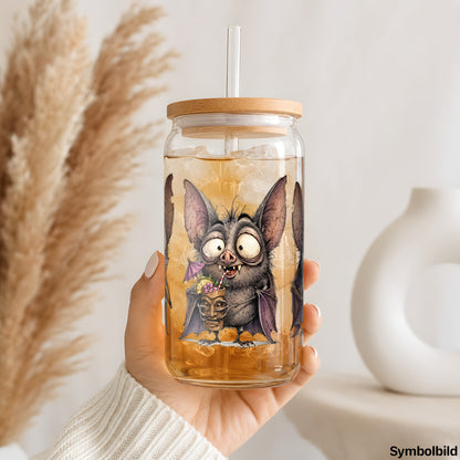 Becher-Aufkleber „Fledermäuse mit Drinks“ auf einem 16oz Glasbecher