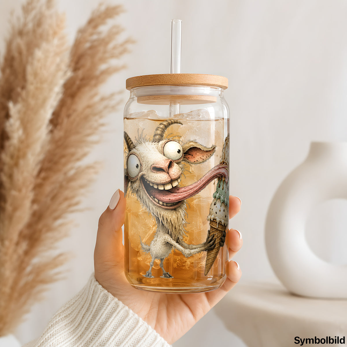 Becher-Aufkleber „Ziege mit Eiscreme“ auf einem 16oz Glasbecher