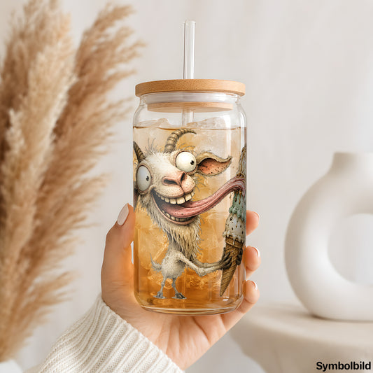 Becher-Aufkleber „Ziege mit Eiscreme“ auf einem 16oz Glasbecher