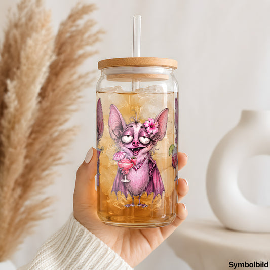 Becher-Aufkleber „Pinke Fledermäuse mit Cocktails“ auf einem 16oz Glasbecher