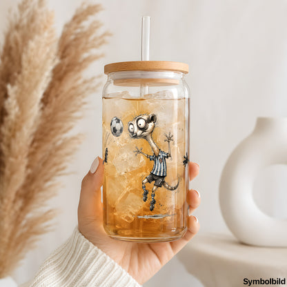 Becher-Aufkleber „Erdmännchen beim Fußball“ auf einem 16oz Glasbecher