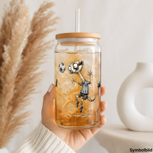 Becher-Aufkleber „Erdmännchen beim Fußball“ auf einem 16oz Glasbecher