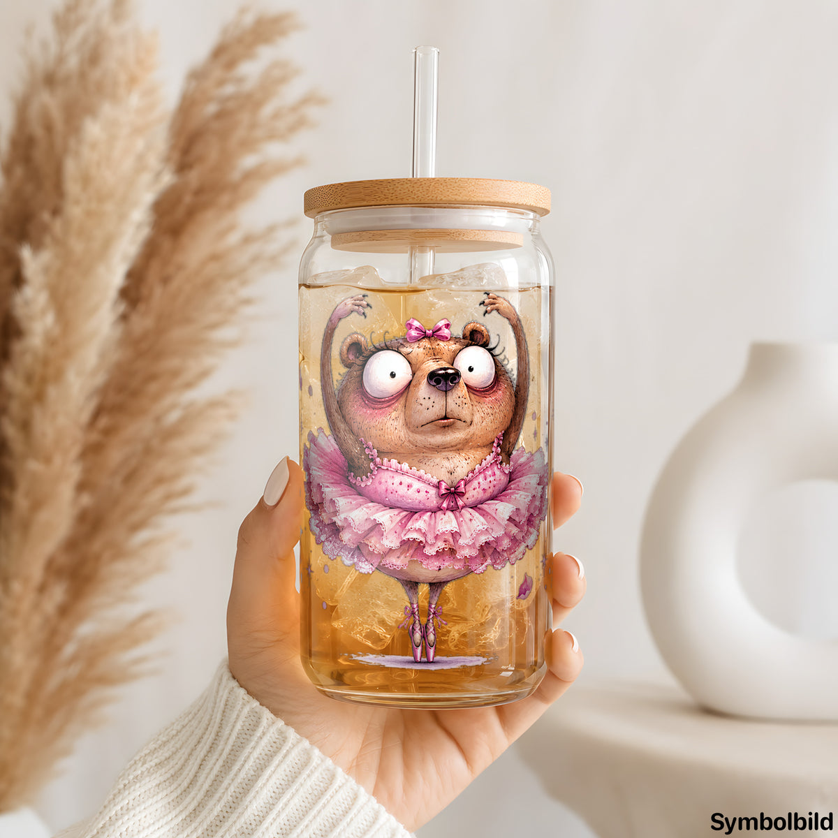 Becher-Aufkleber „Bär im rosa Tutu“ auf einem 16oz Glasbecher