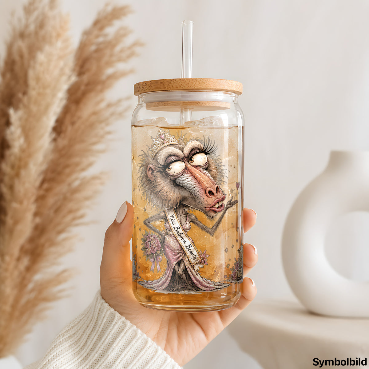 Becher-Aufkleber „Schräger Pavian“ auf einem 16oz Glasbecher