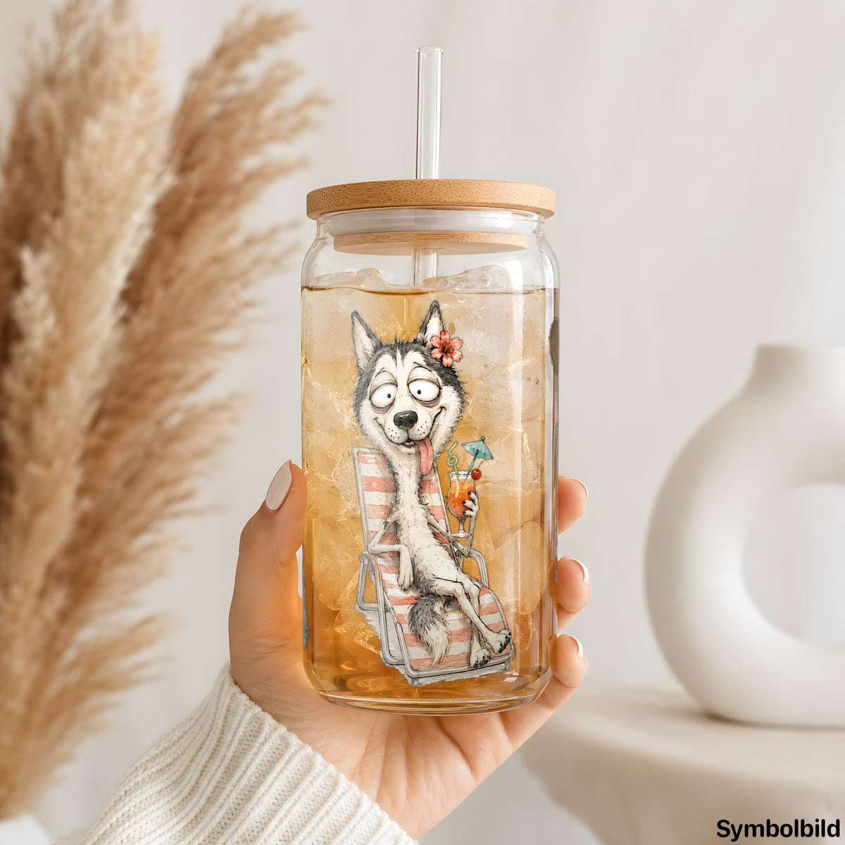 Becher-Aufkleber „Huskys in Sommerkleidern“ auf einem 16oz Glasbecher