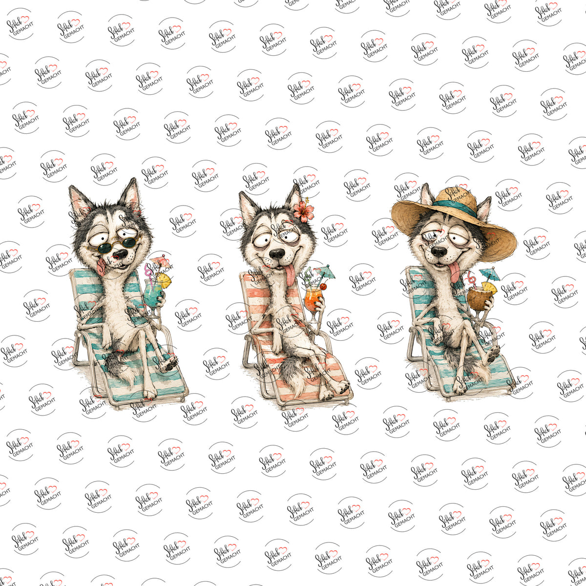 Huskys in Sommerkleidern als Rub-on-Sticker, einzeln