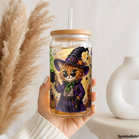 Becher-Aufkleber „Hexenkatze mit Kaffee“ auf einem 16oz Glasbecher