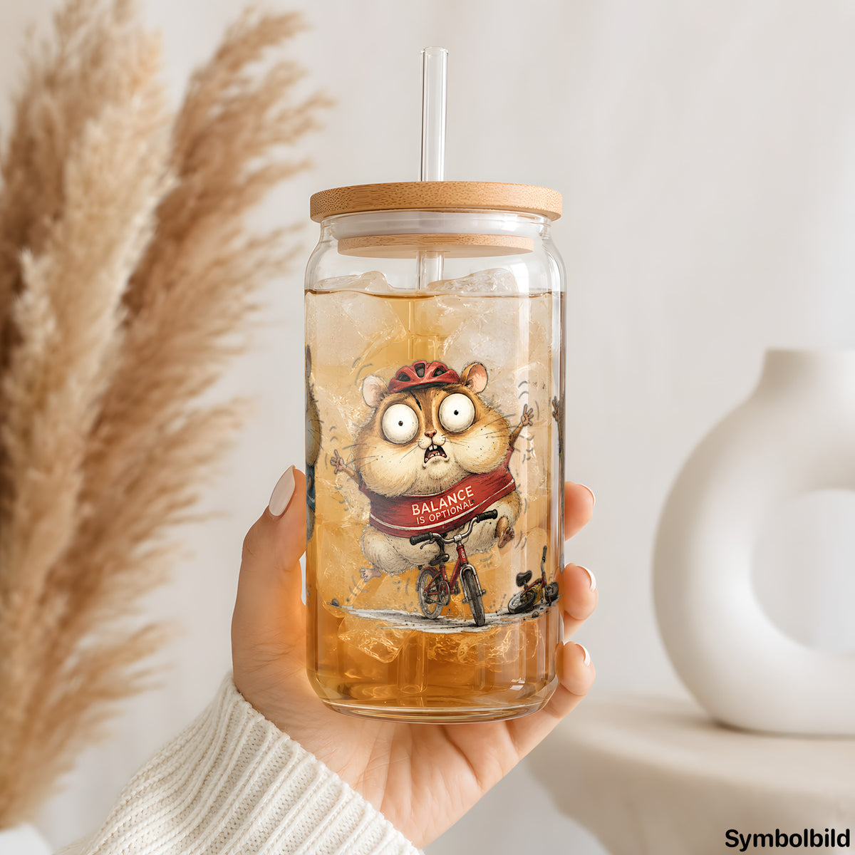 Becher-Aufkleber „Hamster auf Radtour“ auf einem 16oz Glasbecher