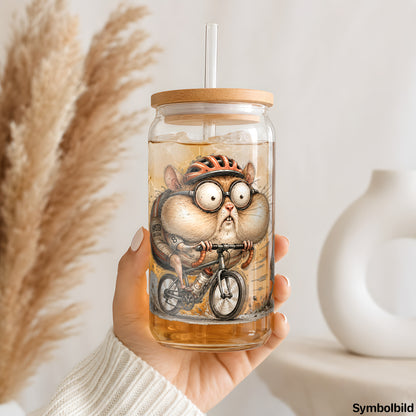 Becher-Aufkleber „Hamster auf dem Fahrrad“ auf einem 16oz Glasbecher