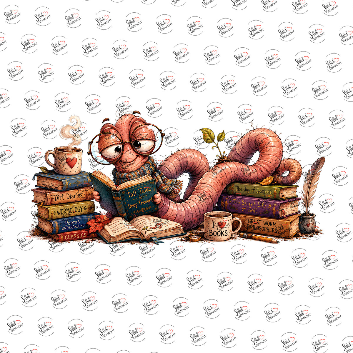 Bücherwurm mit Kaffee als Rub-on-Sticker, einzeln