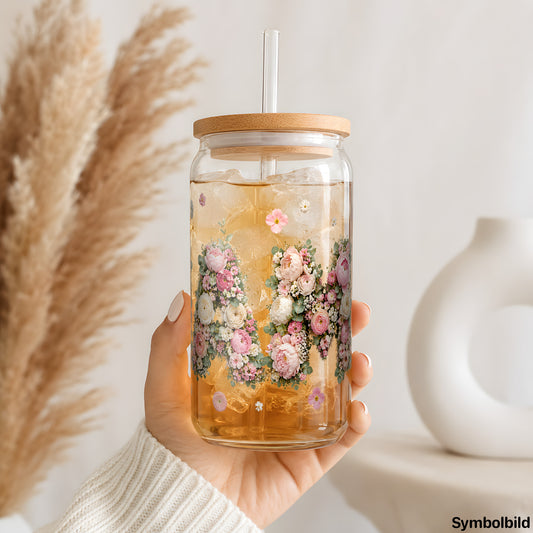 Becher-Aufkleber „MAMA in Blüten“ auf einem 16oz Glasbecher