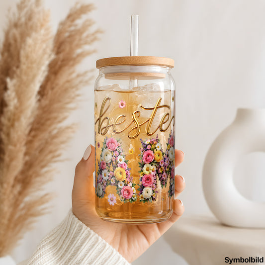 Becher-Aufkleber „Beste MAMA in Blüten“ auf einem 16oz Glasbecher