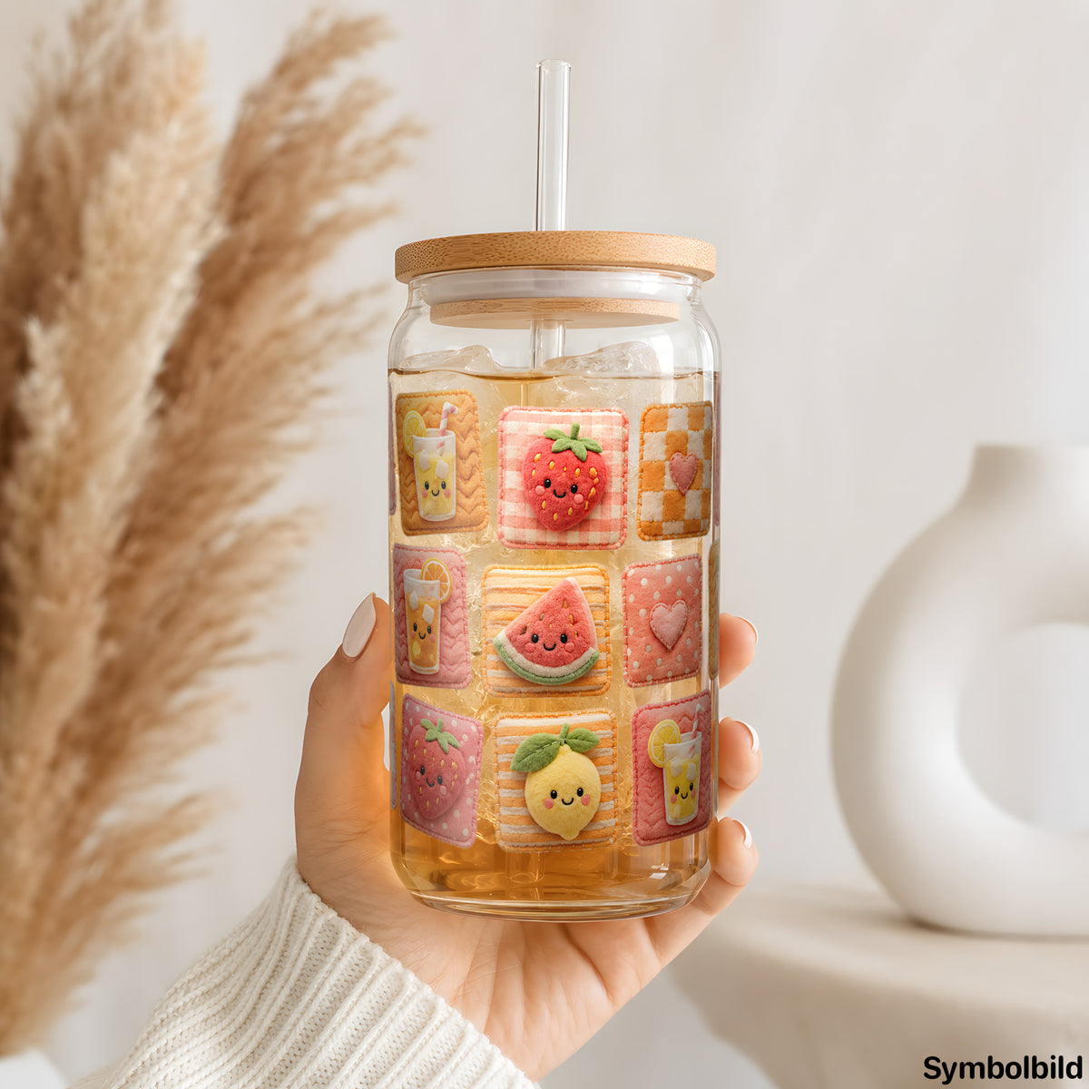 Kawaii-Früchte-Kachelmuster-Aufkleber auf einem 16oz Glasbecher