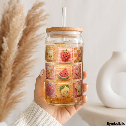 Kawaii-Früchte-Kachelmuster-Aufkleber auf einem 16oz Glasbecher