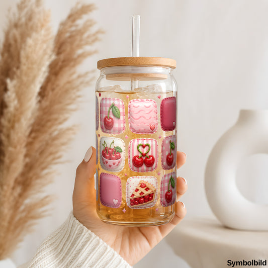 Becher-Aufkleber „Kirschmuster in Rosa“ auf einem 16oz Glasbecher