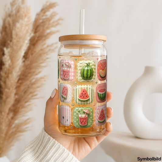 Wassermelonen-Kachelmuster-Aufkleber auf einem 16oz Glasbecher