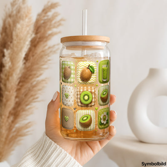 Kiwi-Kachelmuster-Aufkleber auf einem 16oz Glasbecher