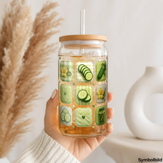 Gurken-Kachelmuster-Aufkleber auf einem 16oz Glasbecher