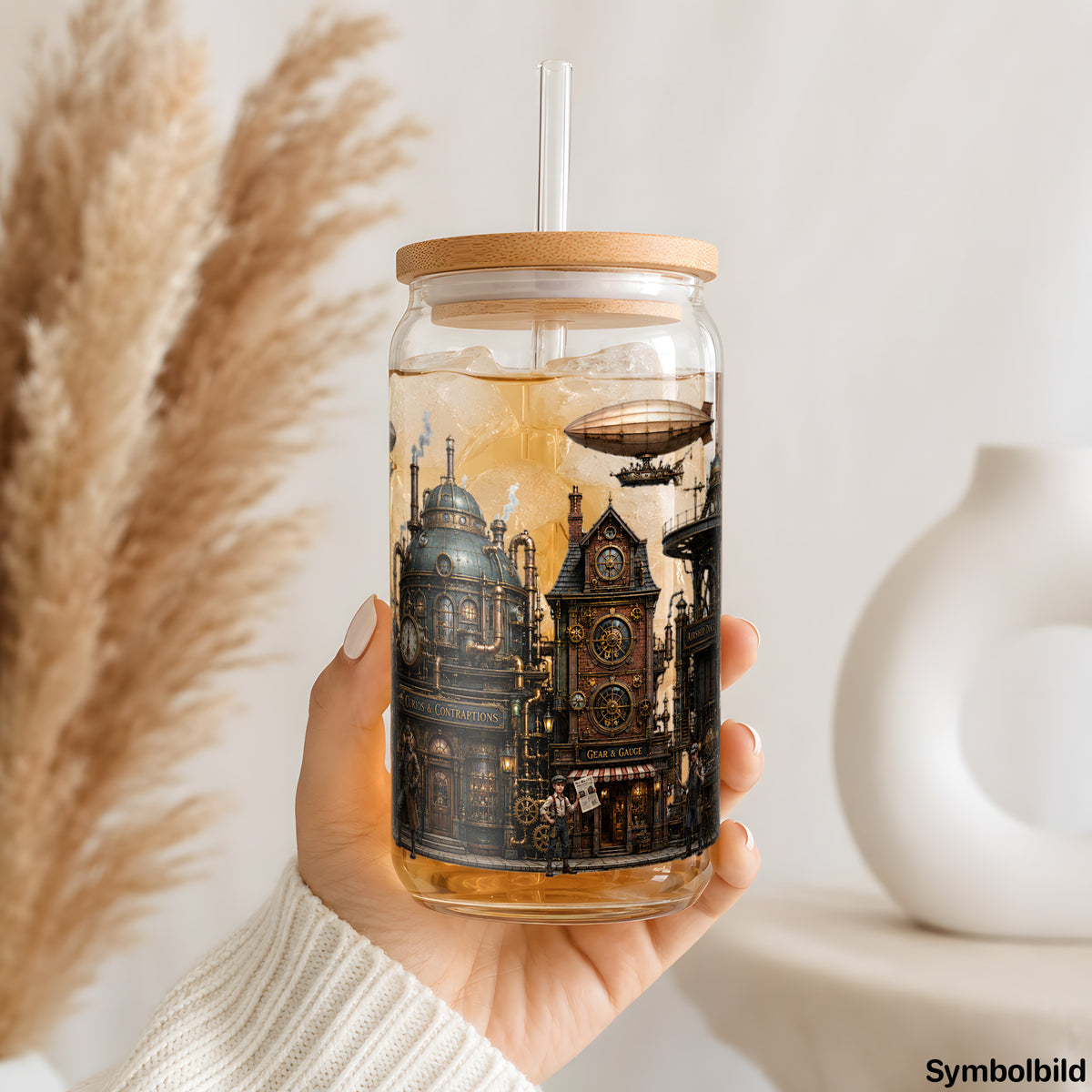 Becher-Aufkleber „Steampunk-Stadt mit Luftschiffen“ auf einem 16oz Glasbecher