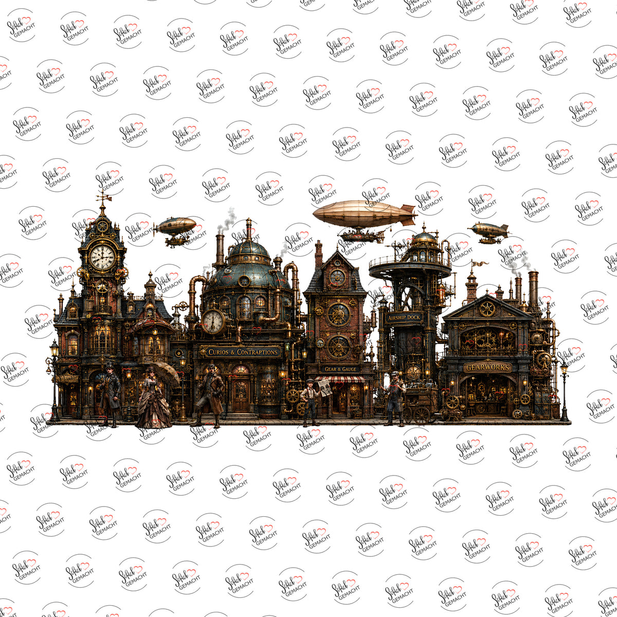 Steampunk-Stadt mit Luftschiffen als Rub-on-Sticker, einzeln