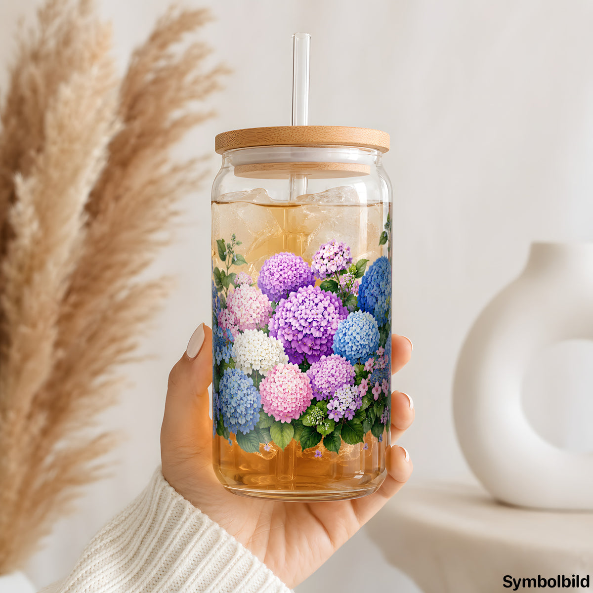 Becher-Aufkleber „Hortensienmeer in Bunt“ auf einem 16oz Glasbecher