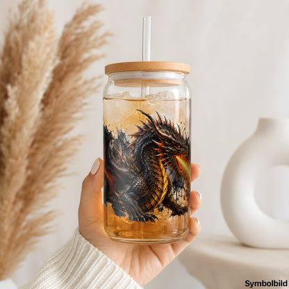 Becher-Aufkleber „Feuerspeiender Drache“ auf einem 16oz Glasbecher