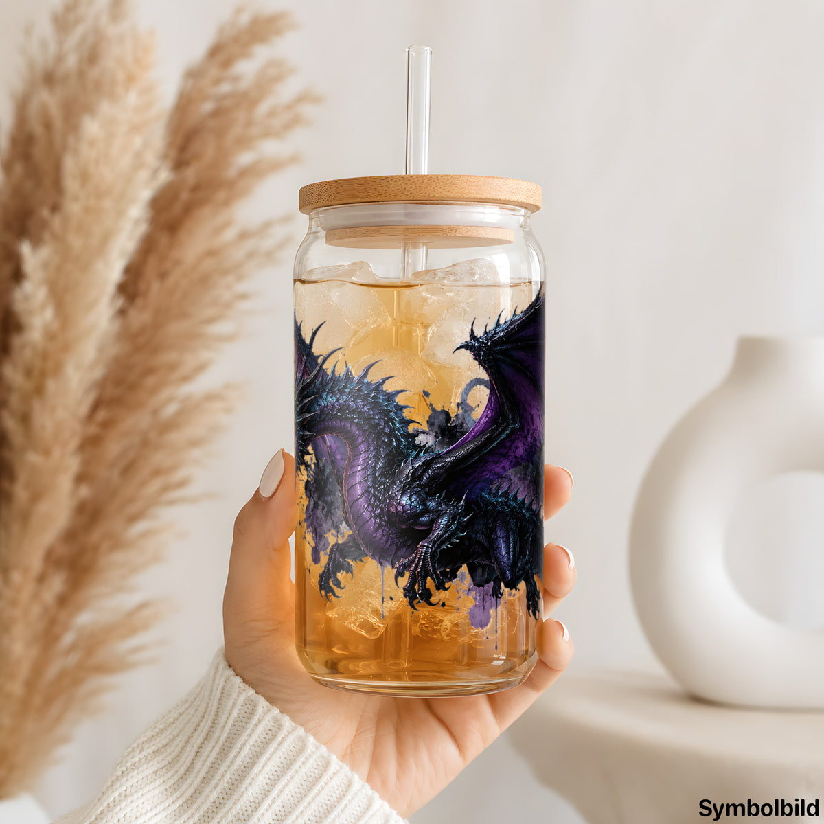 Becher-Aufkleber „Feuerdrache in Amethyst“ auf einem 16oz Glasbecher