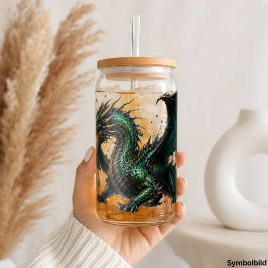Becher-Aufkleber „Feuerdrache in Jade“ auf einem 16oz Glasbecher