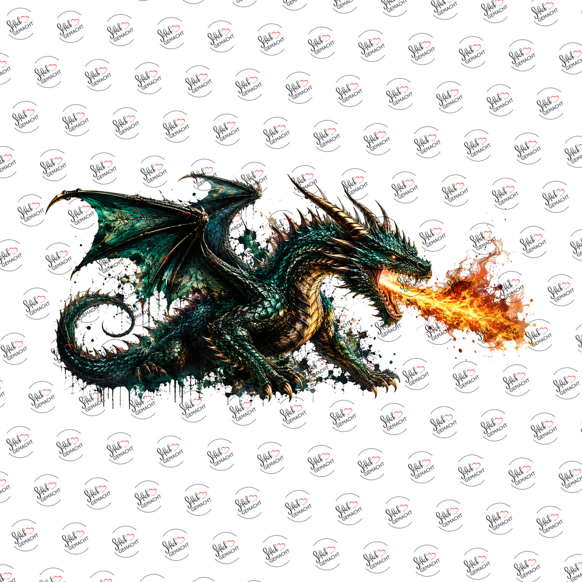 Feuerdrache in Dunkelgrün als Rub-on-Sticker, einzeln