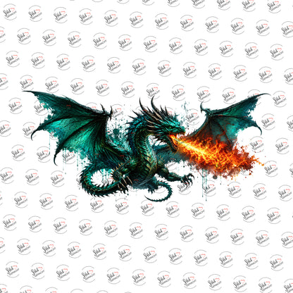 Feuerdrache in Smaragd als Rub-on-Sticker, einzeln