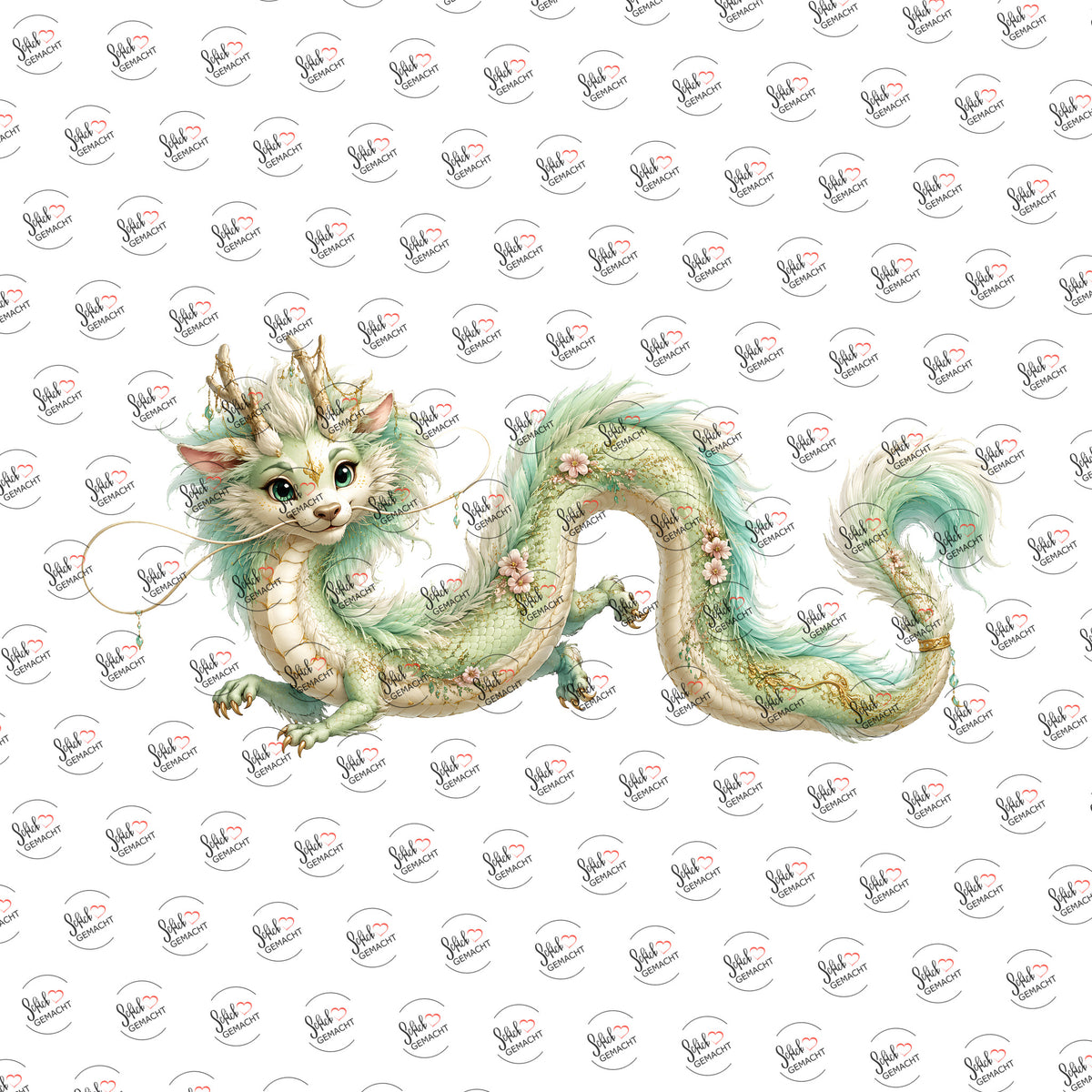 Flauschdrache mit Blüten als Rub-on-Sticker, einzeln