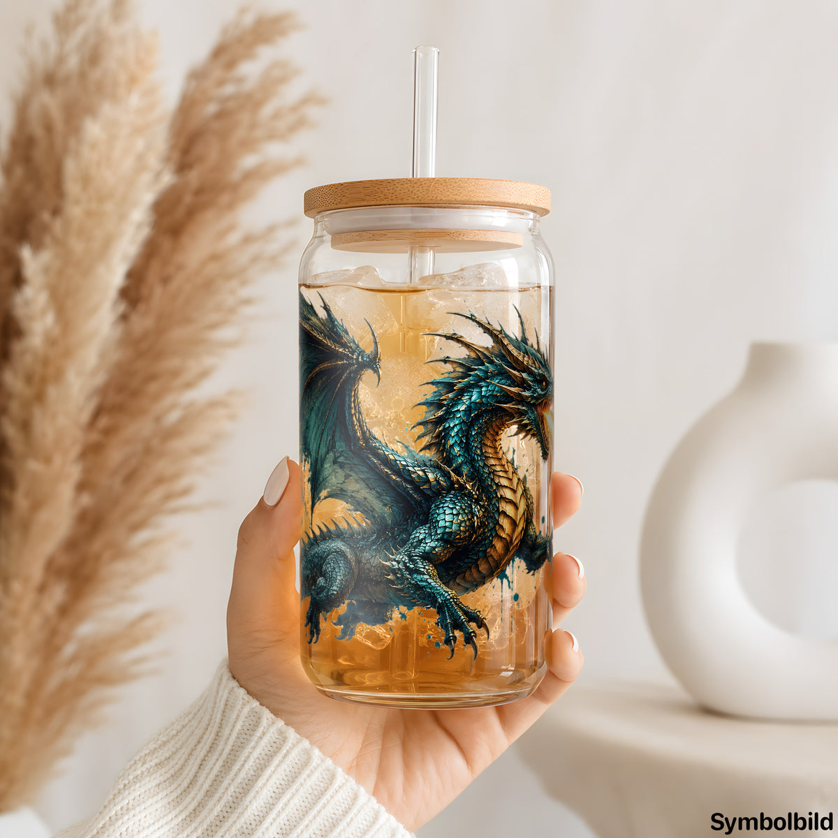 Becher-Aufkleber „Feuerdrache in Türkis“ auf einem 16oz Glasbecher