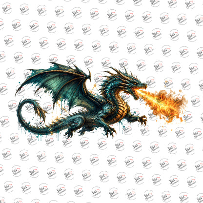 Feuerdrache in Türkis als Rub-on-Sticker, einzeln