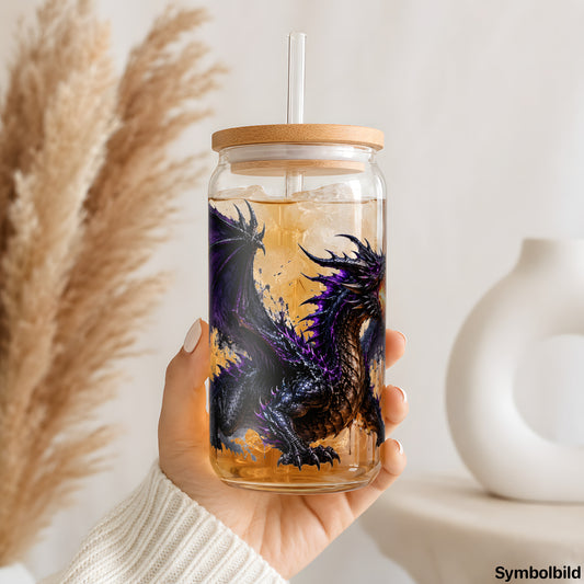 Becher-Aufkleber „Feuerdrache in Violett“ auf einem 16oz Glasbecher