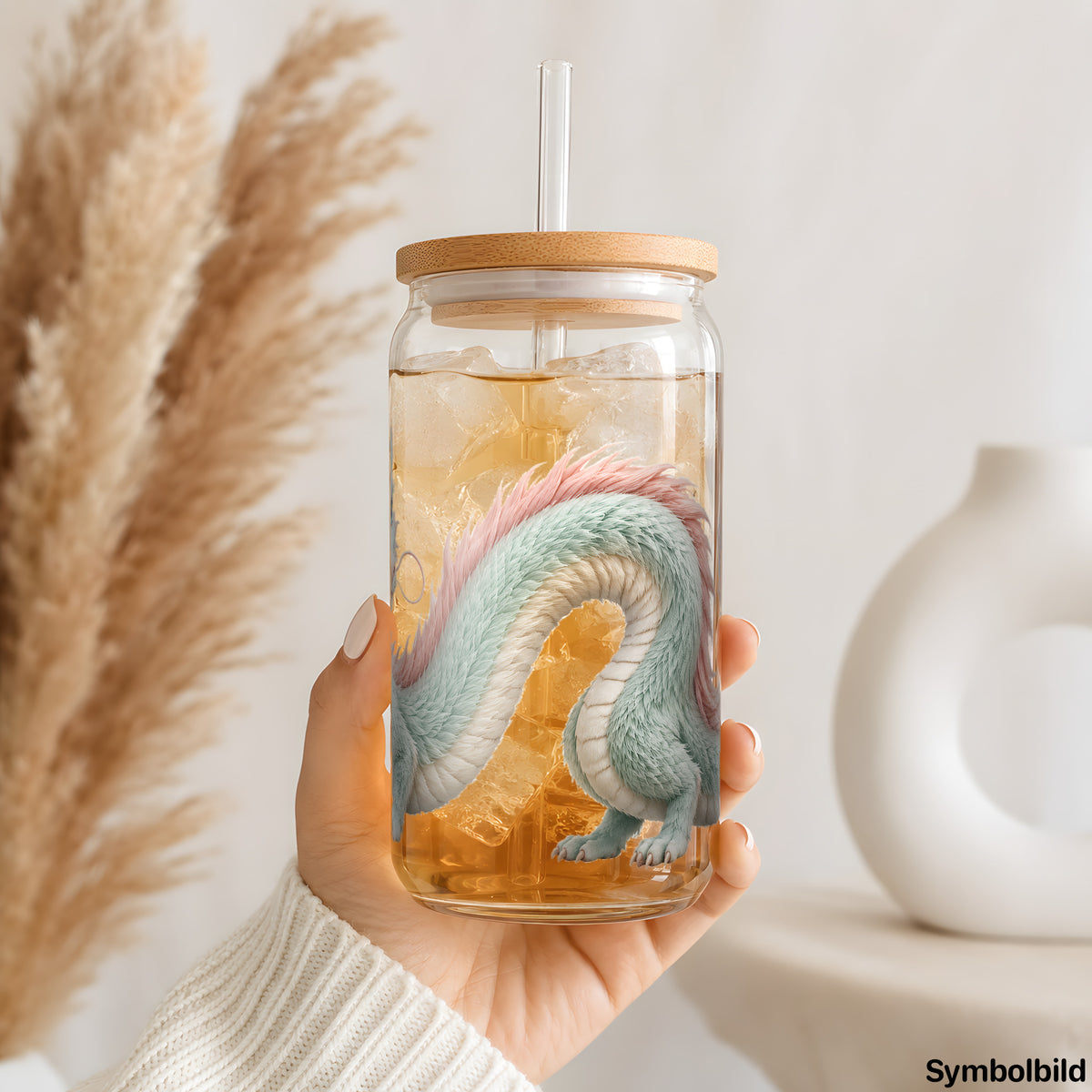 Becher-Aufkleber „Pastelldrache in Mint“ auf einem 16oz Glasbecher
