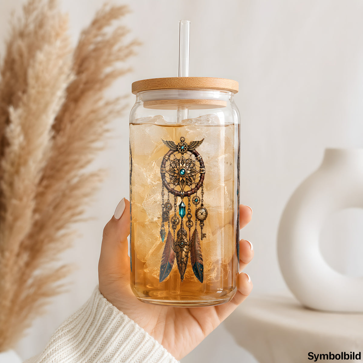 Becher-Aufkleber „Traumfänger-Trio in Türkis“ auf einem 16oz Glasbecher