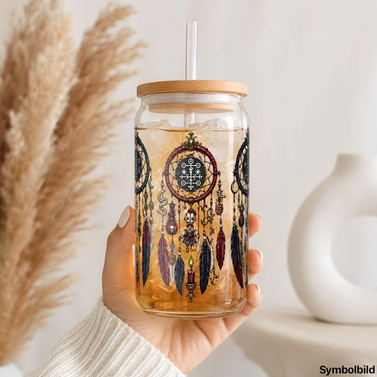Becher-Aufkleber „Traumfänger-Trio mit Juwelen“ auf einem 16oz Glasbecher