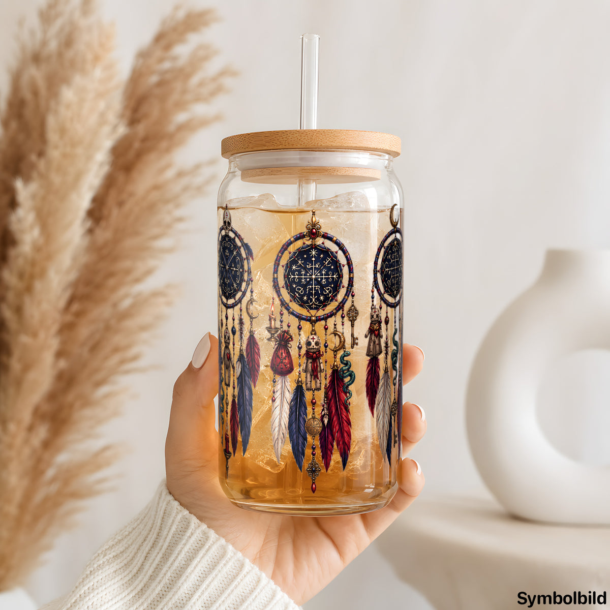 Becher-Aufkleber „Traumfänger-Trio in Nachtfarben“ auf einem 16oz Glasbecher