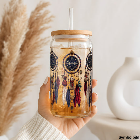 Becher-Aufkleber „Traumfänger-Trio in Nachtfarben“ auf einem 16oz Glasbecher