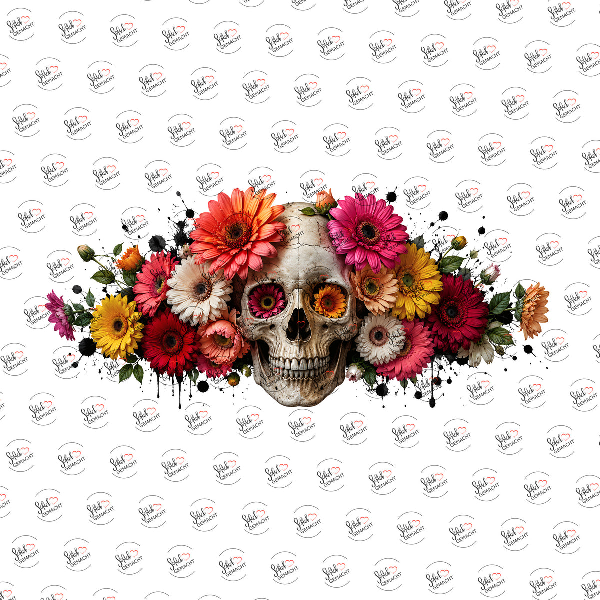 Totenkopf im Blütenkranz als Rub-on-Sticker, einzeln