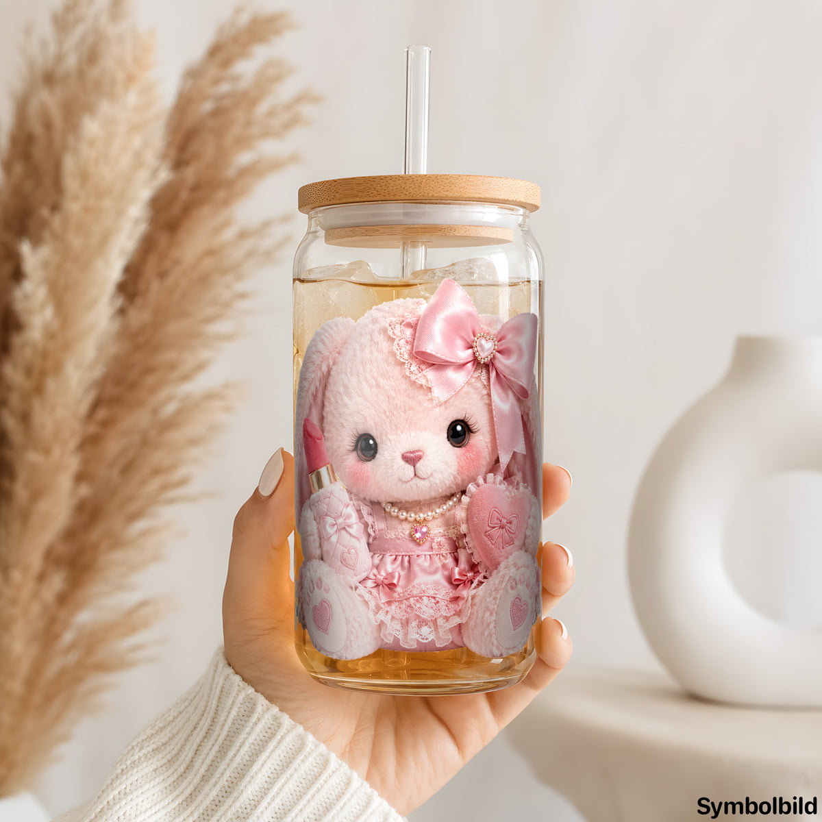 Becher-Aufkleber „Plüschhase in Rosa“ auf einem 16oz Glasbecher