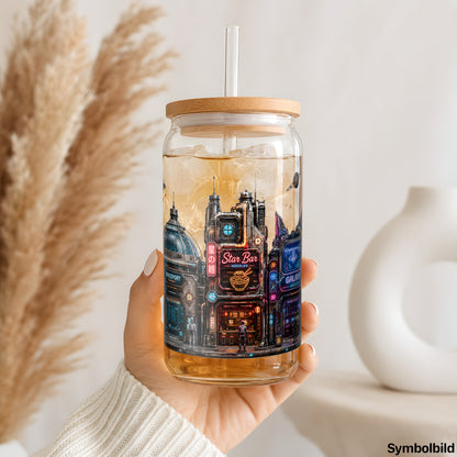 Cyberpunk-Raumhafen-Aufkleber auf einem 16oz Glasbecher
