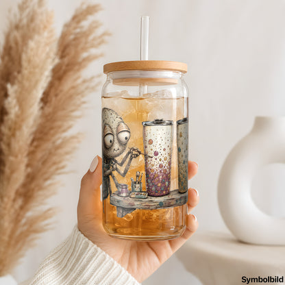Becher-Aufkleber „Spinne bemalt Becher“ auf einem 16oz Glasbecher