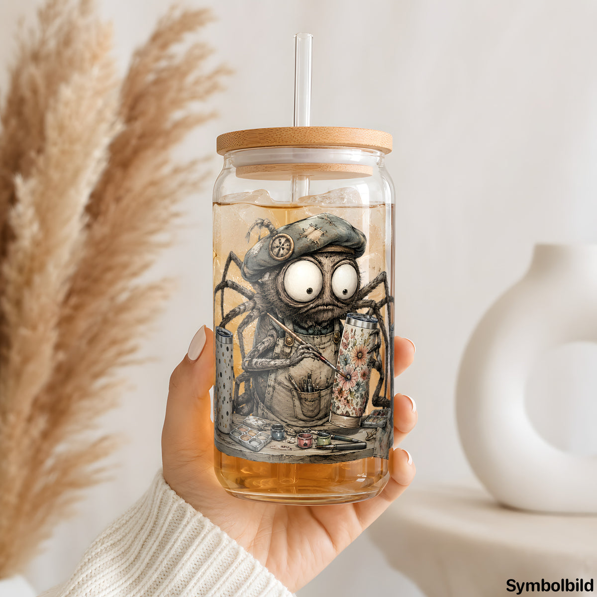 Becher-Aufkleber „Spinne im Becherregal“ auf einem 16oz Glasbecher