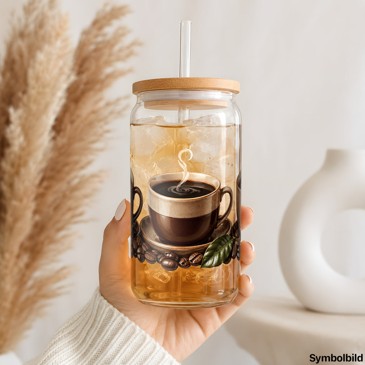 Becher-Aufkleber „Drei Tassen schwarzer Kaffee“ auf einem 16oz Glasbecher