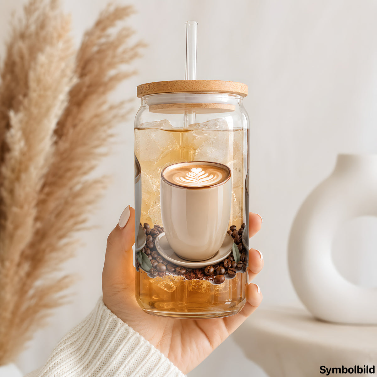 Becher-Aufkleber „Latte macchiato im Trio“ auf einem 16oz Glasbecher