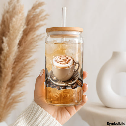 Becher-Aufkleber „Cappuccino mit Zimtstangen“ auf einem 16oz Glasbecher