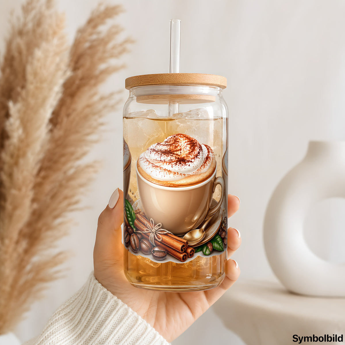 Becher-Aufkleber „Cappuccino mit Zimt“ auf einem 16oz Glasbecher
