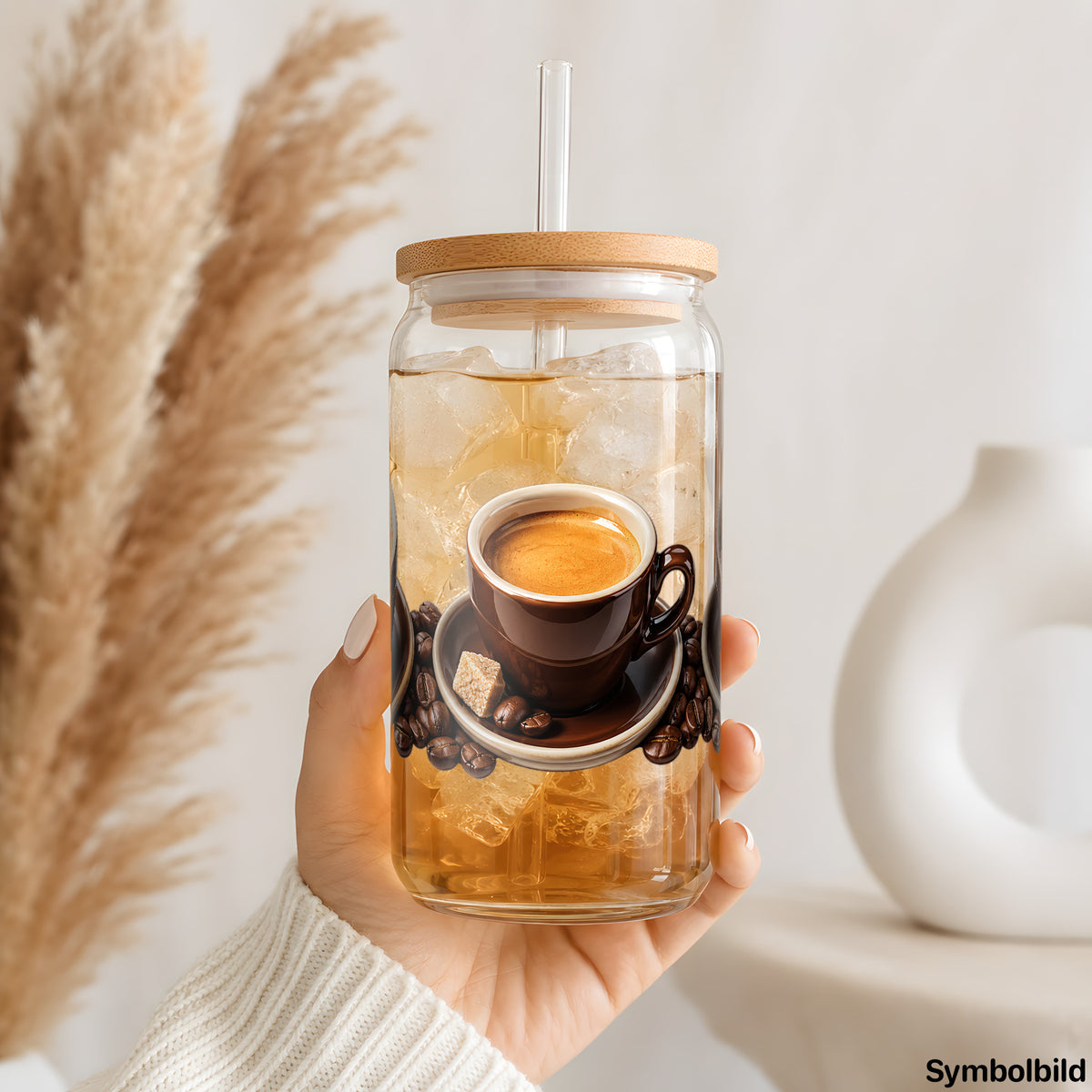 Becher-Aufkleber „Espresso mit braunem Zucker“ auf einem 16oz Glasbecher